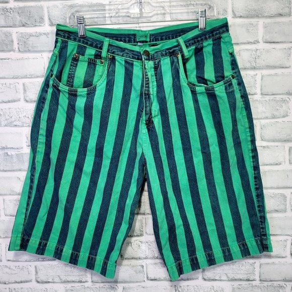 Vintage 90s Cherokee Juniors 13 Green Vertical Striped Denim Long Bermuda Shorts - Picture 1 of 6
